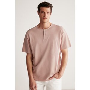 GRIMELANGE Harry Men's Collar Special Succulent Textured Thick Fabric 100% Cotton Pink T-shirt