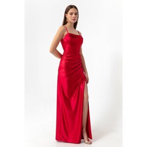 Lafaba Women's Red Underwire Corset Detailed Long Slit Evening Dress.