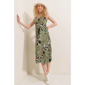 HAKKE Women's Green Zippered Big Palm Pattern Dress Elb-19000615