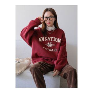 Know Women's Claret Red Vacation Joy Wake Printed Oversized Crew Neck Sweatshirt.