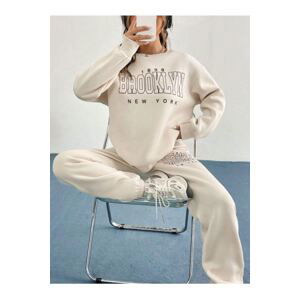 Know Women's Beige 1898 Brooklyn Printed Oversize Bottom and Top Tracksuit Set