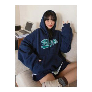 Know Women's Navy Blue Oversize Nice Printed Sweatshirt