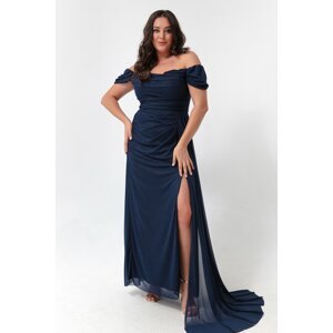Lafaba Women's Navy Blue Boat Collar Draped Long Glittery Evening Dress with a Slit.