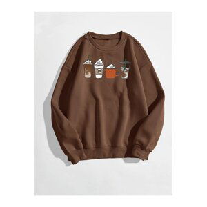 Know Women's Brown Oversized Coffee Printed Sweatshirt