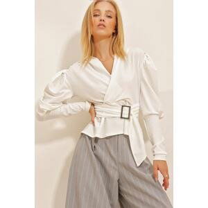 Trend Alaçatı Stili Women's White V-Neck Princess Crepe Blouse with Belt Detail on the waist and waist