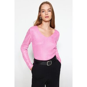 Trendyol růžový základní fóliový pletený svetr s potiskem