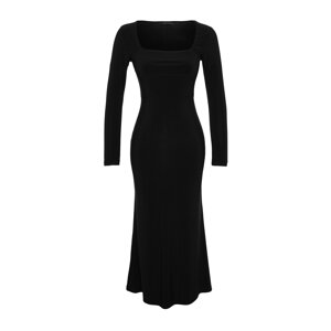 Trendyol Black Ruffles Square Neckline Fitted/Slipped Maxi Stretch Knit Dress