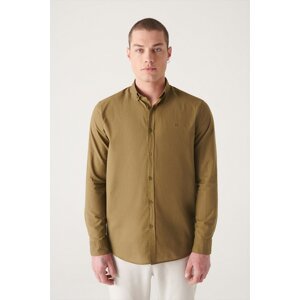 Avva Men's Khaki 100% Cotton Thin Soft Touch Buttoned Collar Long Sleeve Regular Fit Shirt