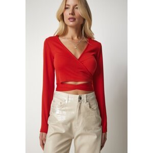 Happiness İstanbul Women's Orange Lace Crop Top with Wrapover Collar and Blouse