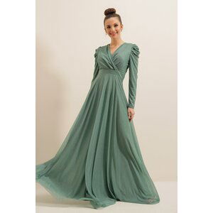 By Saygı Double Breasted Collar Shoulders Pleat Lined Glittery Long Dress Mint