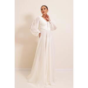 By Saygı Front Back V-Neck Balloon Sleeve Long Tulle Dress