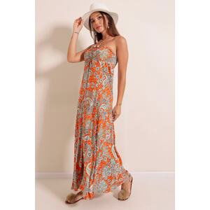 By Saygı Paisley Patterned Halterneck Viscose Dress Orange