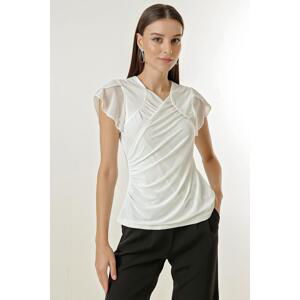 By Saygı Double Breasted Collar Sleeves Chiffon Ruffles Draped Lycra Blouse.