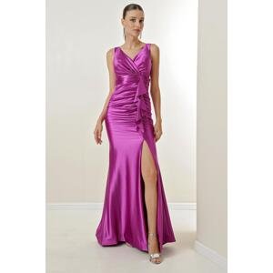 By Saygı Ruffle-Draped Long Evening Dress with Lined Front, Wide Body