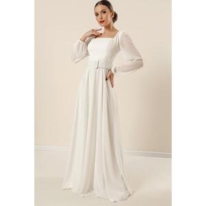 By Saygı Lined Chiffon Long Evening Dress with a Square Neck Waist and Belted Belt.