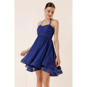 By Saygı Halterneck, Lined Short Chiffon Dress with a Belt