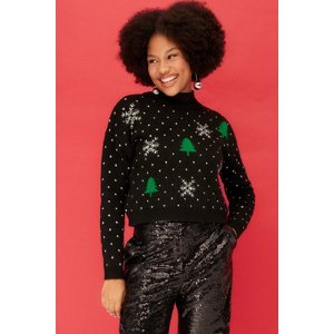 Trendyol černý vánoční pletený svetr s výstřihem