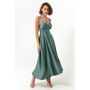 Lafaba Women's Satin Midi Evening Dress &; Prom Dress with Turquoise Rope Straps and Waist Belt.