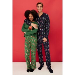 Trendyol Navy Blue Christmas Themed Shirt Collar Regular Fit Knitted Pajamas Set