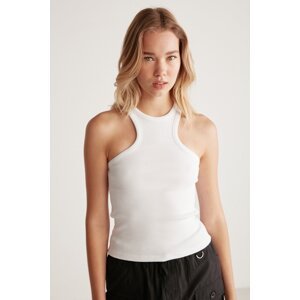 GRIMELANGE Jessey Women's Barbell Neck Ribbed Stretchy Fabric White Fitted Blous