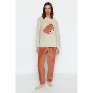 Trendyol Ecru Wellsoft Teddy Bear Tshirt-Pants Knitted Pajama Set