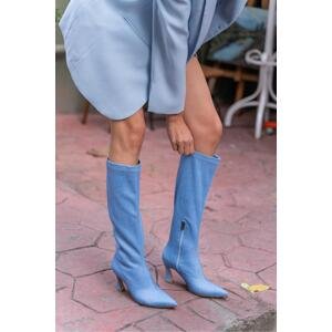 Madamra Blue Jeans Women's Thin Heels Above the Knee Boots