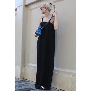 Madmext Long Loose Black Crepe Dress With Straps