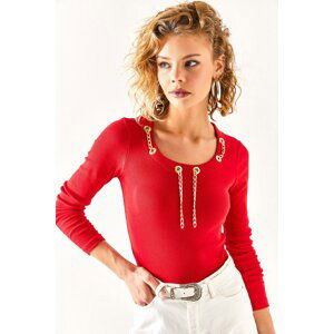 Olalook Women's Red Lycra Cotton Blouse with Eyelet Chain Detail