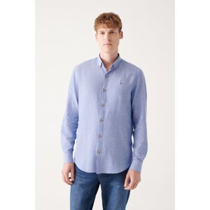 Avva Men's Dark Blue Buttoned Collar Cotton Linen Regular Fit Shirt