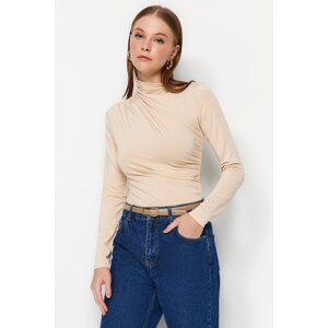 Trendyol Stone Shirring Detail Standing Collar With Snap fastener, Flexible Knitted Body