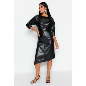 Trendyol černé tkané šaty z umělé kůže s asymetrickým rozepínáním sukně v pase