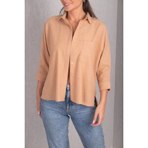 armonika Women's Light Brown Loose Linen Shirt with Pocket