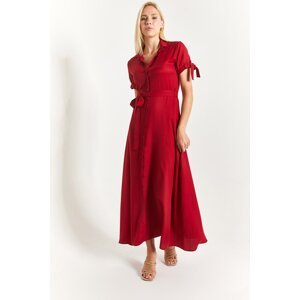 armonika Women's Claret Red Tie Sleeves With Belted Waist Shirt Dress