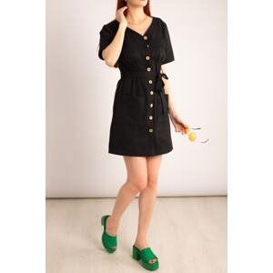 armonika Women's Black Buttoned Belted Collar Detail V-Neck Dress