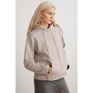 GRIMELANGE Gayle Women's Hooded Relaxed Fit Basic Beige Sweatshirt with Fleece Inside