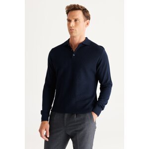 ALTINYILDIZ CLASSICS Men's Navy Blue Standard Fit Normal Cut Polo Collar Wool Knitwear Sweater.