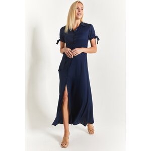 armonika Women's Navy Blue With Tie Sleeves and Belted Waist Shirt Dress