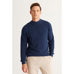 AC&Co / Altınyıldız Classics Men's Indigo Standard Fit Regular Cut Half Turtleneck Cotton Jacquard Knitwear Sweater