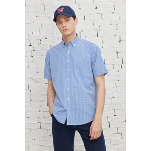 AC&Co / Altınyıldız Classics Men's Blue-white Comfort Fit Relaxed Cut Button Collar Cotton Gingham Short Sleeve Shirt