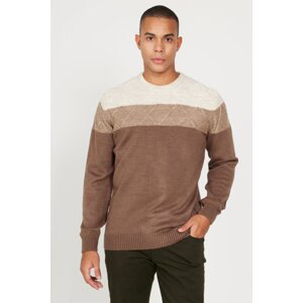 AC&Co / Altınyıldız Classics Men's Beige-brown Standard Fit Normal Cut Crew Neck Colorblock Patterned Wool Knitwear Sweater.