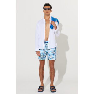 ALTINYILDIZ CLASSICS Men's White-Navy Blue Standard Fit Patterned Quick Drying Swimsuit with Pockets