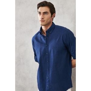AC&Co / Altınyıldız Classics Men's Indigo Comfort Fit Relaxed Cut Linen Buttoned Collar Casual Shirt