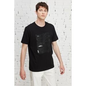 ALTINYILDIZ CLASSICS Pánské černé slim fit slim fit tričko s bavlněným potiskem s výstřihem.