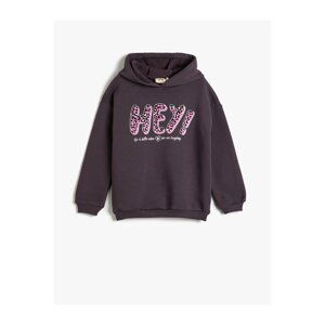 Koton Hooded Sweatshirt with Glittery Print Detailed Long Sleeve Rayon.