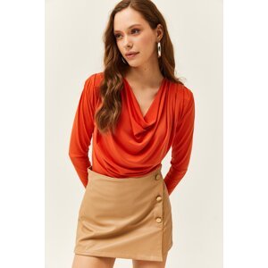 Olalook Women's Orange Padded Pleated Collar Blouse