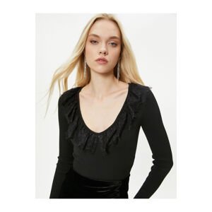 Koton Knitwear Sweater V-Neck Lace Ribbed - Handmade Collection