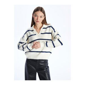 LC Waikiki Women's Polo Neck Striped Long Sleeve Oversized Knitwear Sweater