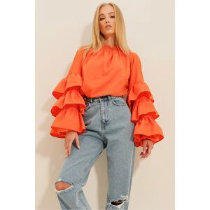 Trend Alaçatı Stili Women's Orange Turtleneck Sleeve Flounce Woven Blouse