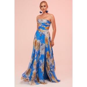 Carmen Blue Straps and a Slit Evening Dress.