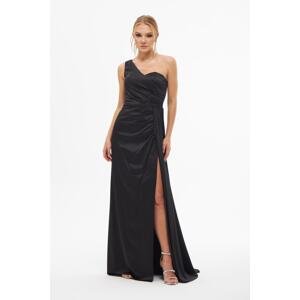 Carmen Black Satin One-Shoulder Slit Long Evening Dress
